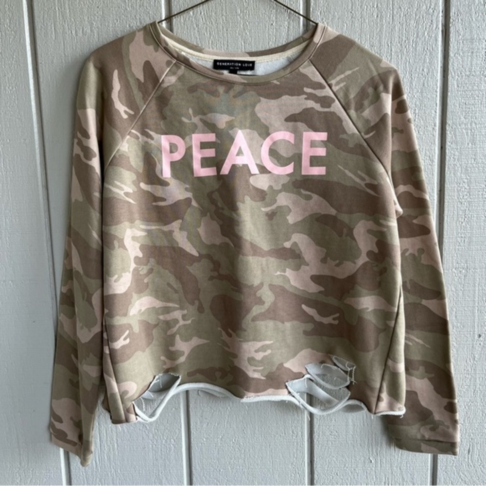 Generation Love Karly Camouflage Peace Cotton‎ Pullover Sweatshirt Green Camo S